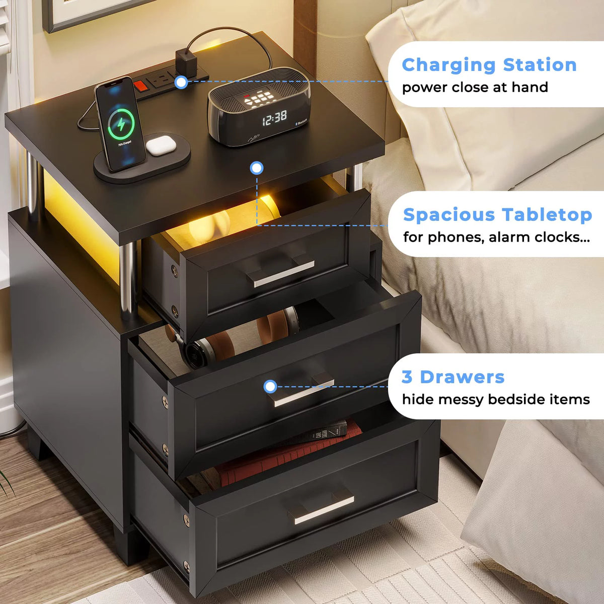 Black LED Nightstand Set of 2 with 3 Drawer G32929
