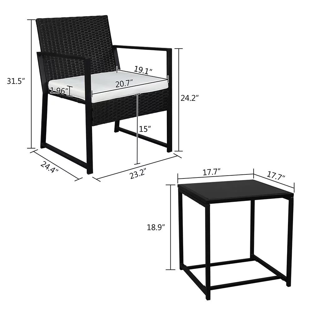 Black 3-Piece Faux Wicker Rattan Chair Conversation Set with Cushion C17544