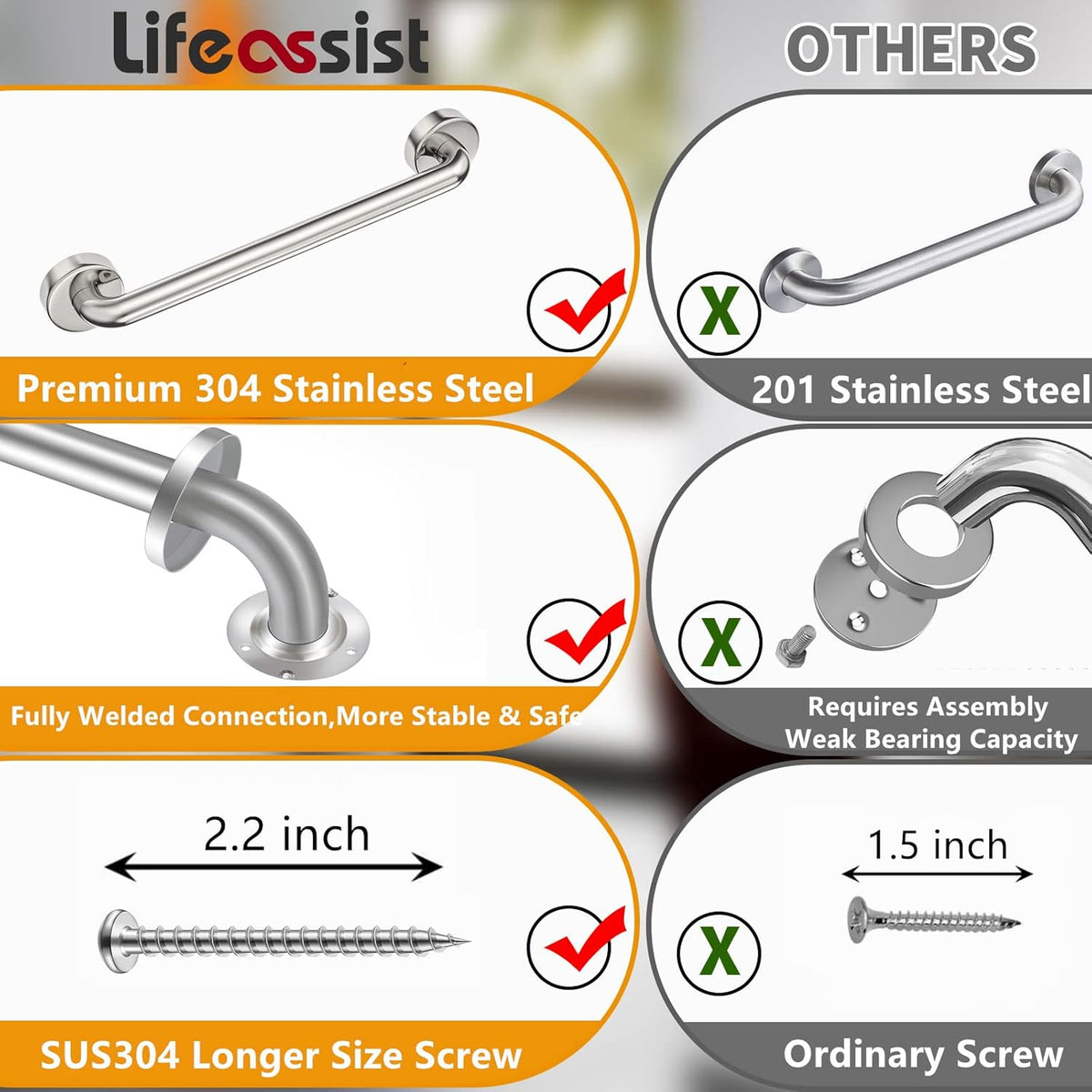 2 Pack Brushed Nickel SUS304 Safety Bathroom Grab Bars with Concealed Screws Y5489