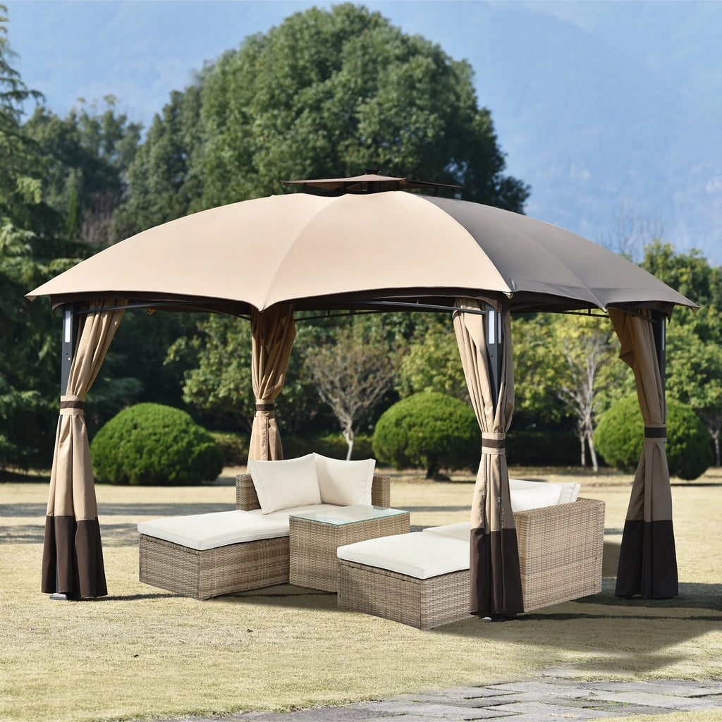 10ft W*12ft L Outdoor Double Vents Gazebo Patio Metal Canopy with Screen and LED Lights, Brown Q6182