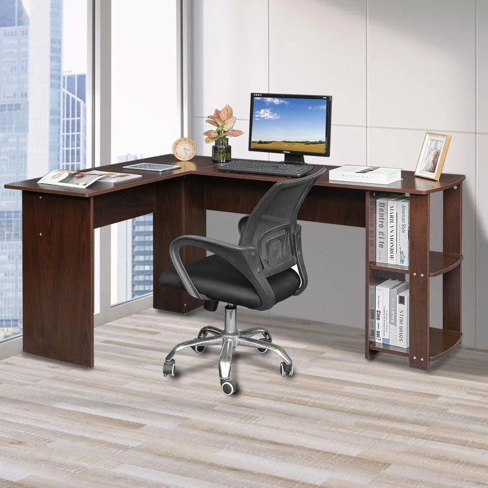 L-Shaped Wood Corner Desk with Bookshelves D368297