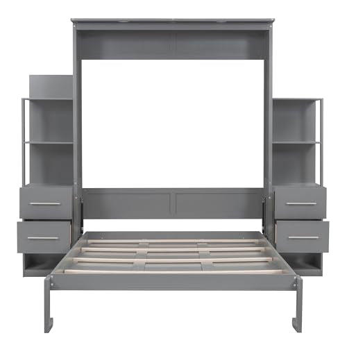 Gray Queen Murphy Bed with Storage Shelves, Drawers and LED Light, Wood Foldable Wall Bed Frame U356
