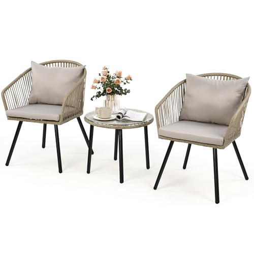 Rattan 3-Piece Bistro Set with Tempered Glass Coffee Table D8139