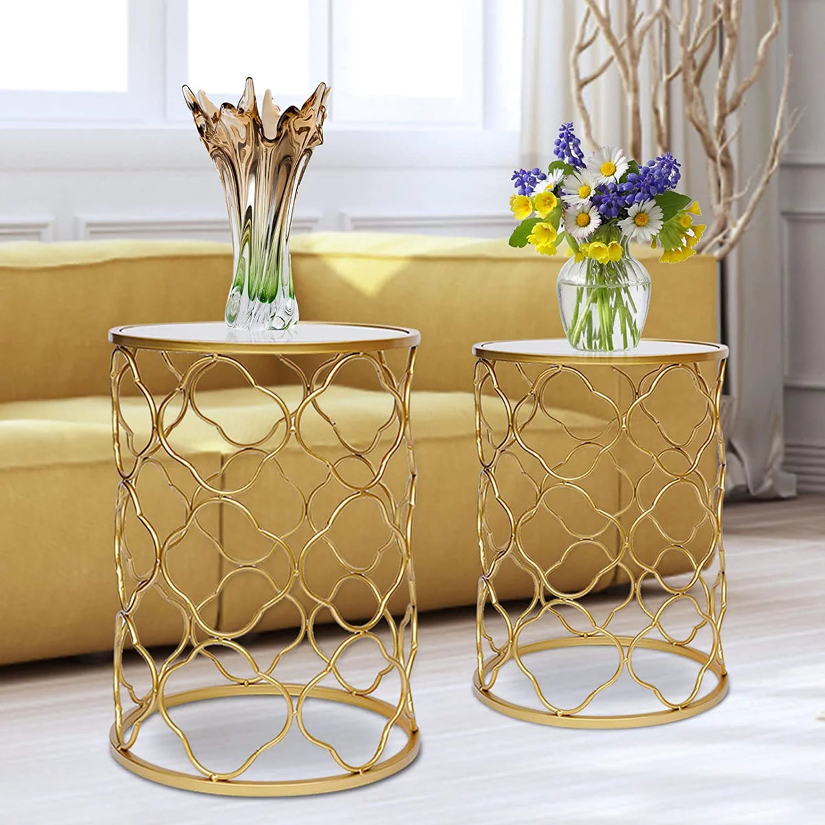 Round Gold Metal Nesting Side Table with Mirrored Top Y808543
