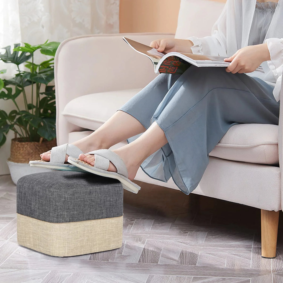 Linen Fabric Footstool Ottoman Dark Gray And Beige I251619