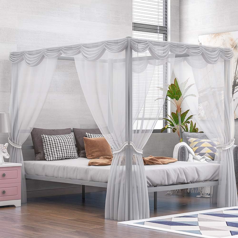 Silver Queen Metal Canopy Bed Frame with Headboard J817
