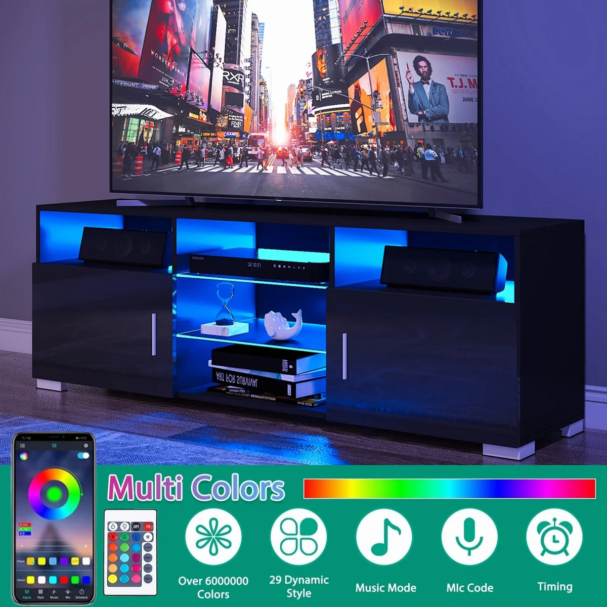 57'' TV Stand with RGB LED Light and Glass Shelves S6634