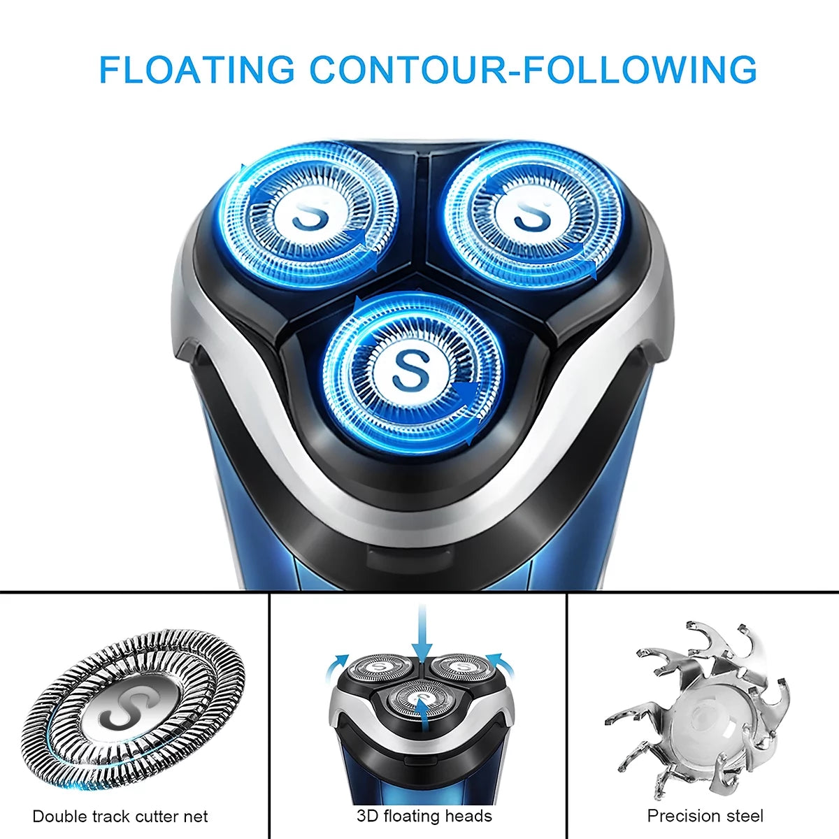 Blue IPX7 Waterproof Electric Razor with Pop-up Beard Trimmer N646