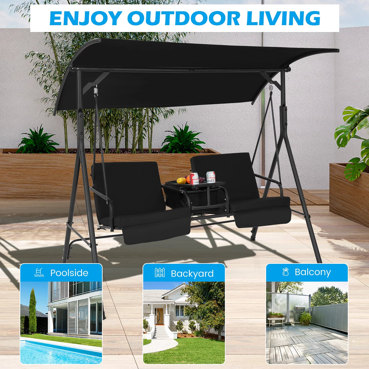 2-Person Canopy Porch Swing Padded Chair with Cooler Bag Q266546