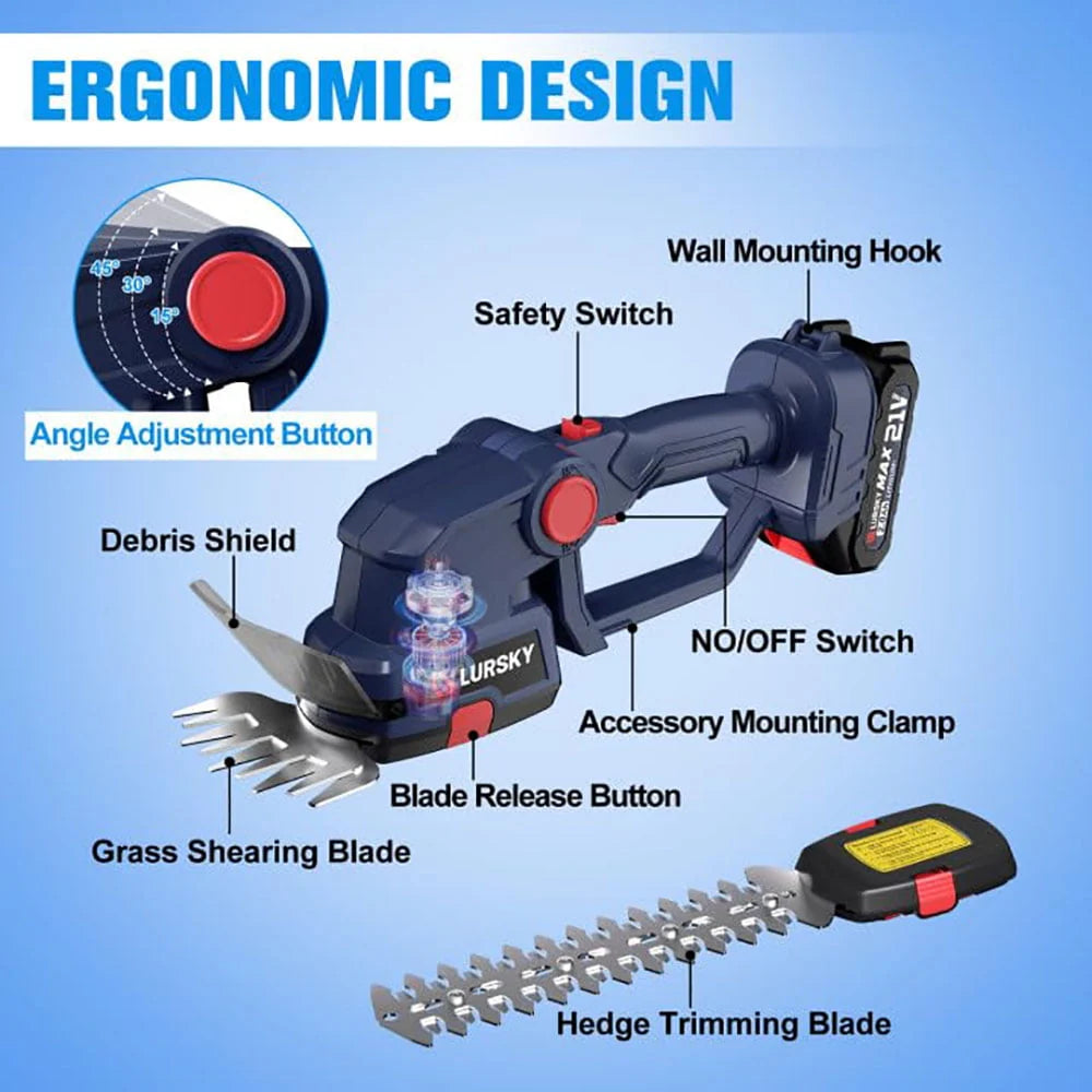 Cordless Hedge Trimmer 2-in-1 Grass Shears and Shrub Trimmer 21V Blue P173