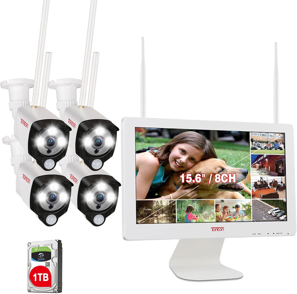 Wireless All-in-One Ultra HD Security Camera System with 16 Inch Monitor, 8CH NVR with 1TB HDD, 4PCS 3MP Outdoor Bullet IP Cameras V290