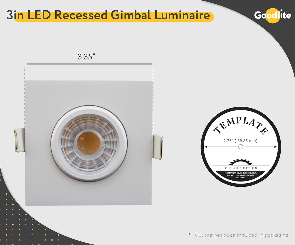 3-Inch Square White Recessed Adjustable LED Light, Selectable Color Temperature 27K-30K-35K-41K-50K, 8W, 650 Lumens, Dimmable Q718844
