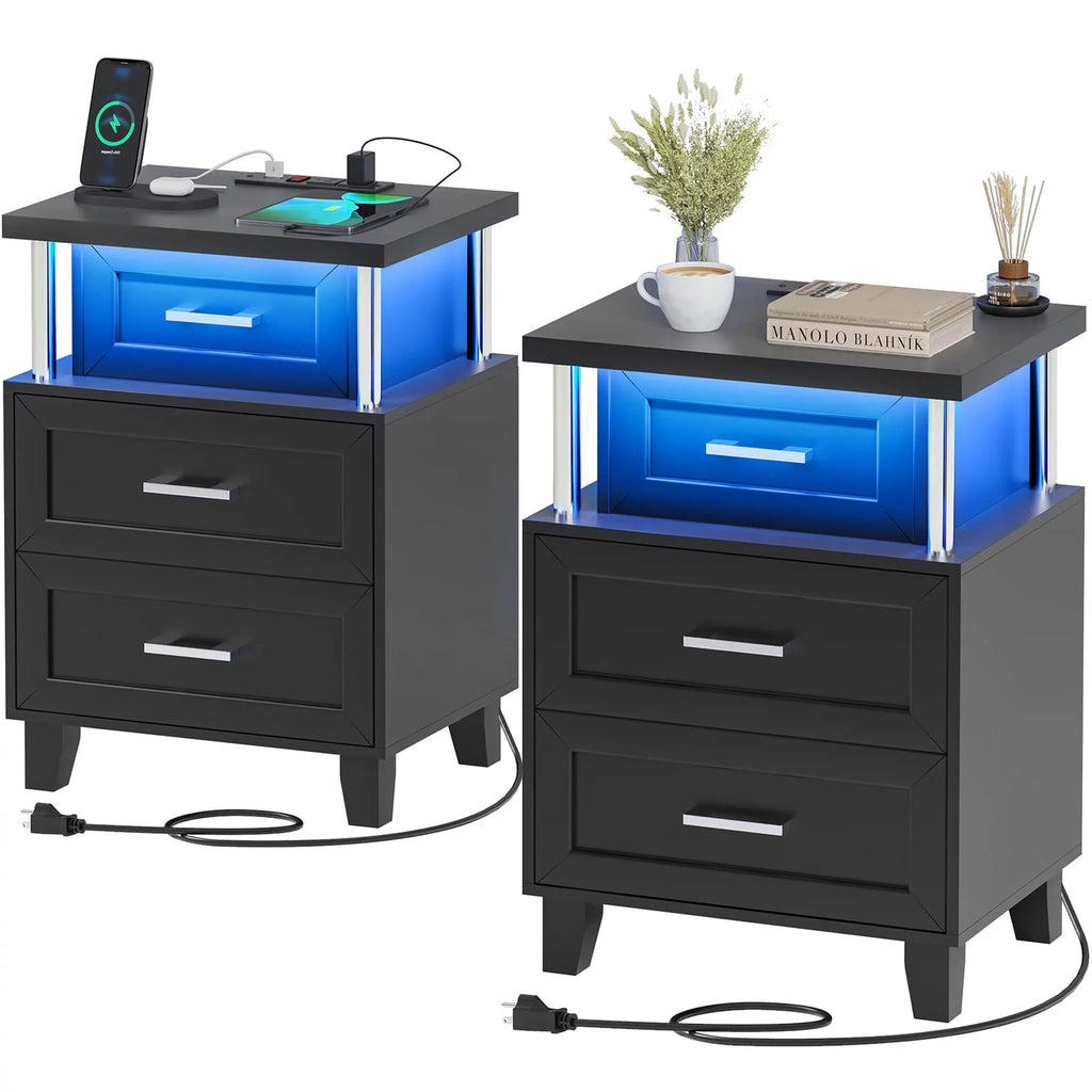 Black LED Nightstand Set of 2 with 3 Drawer G32929