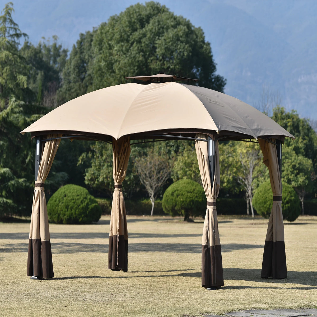 10ft W*12ft L Outdoor Double Vents Gazebo Patio Metal Canopy with Screen and LED Lights, Brown Q6182