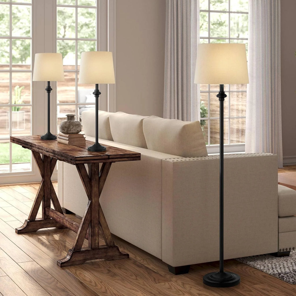3 Piece Table Floor Lamp Set Black Metal Cream Fabric K60288