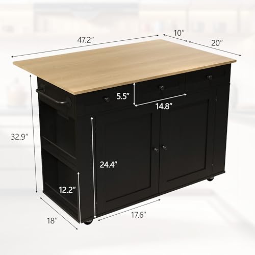 Rolling Kitchen Island Cart with Power Outlet & Drop Leaf, 3 Drawers, Black X876