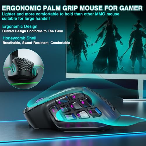 Black Wireless MMO Gaming Mouse with 9 Side Buttons, 24000 DPI, Triple Connectivity, RGB S543