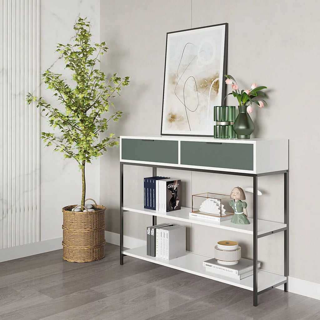 White and Light Green Wood Console Table with Shelves and Drawers H86421