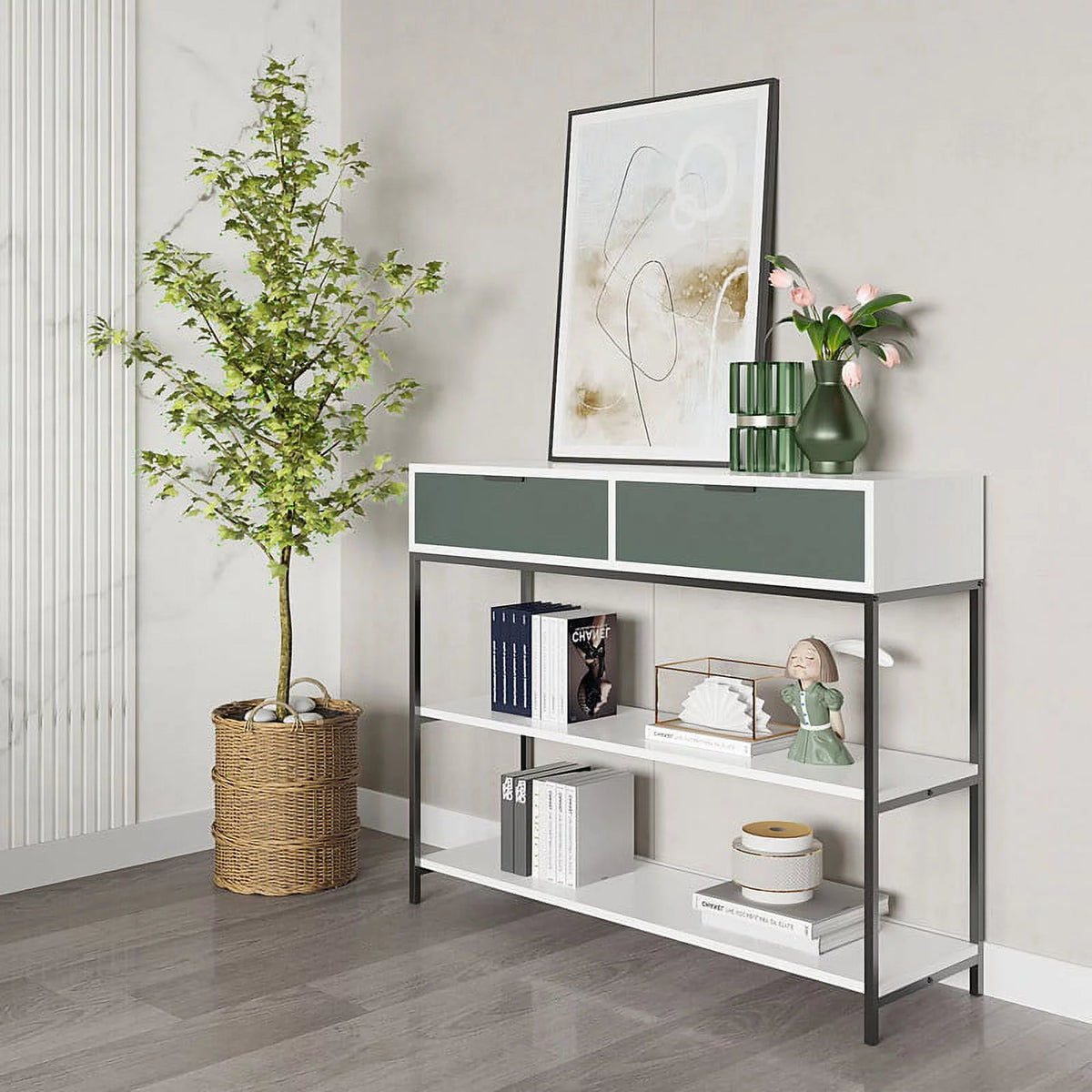White and Light Green Wood Console Table with Shelves and Drawers H86421