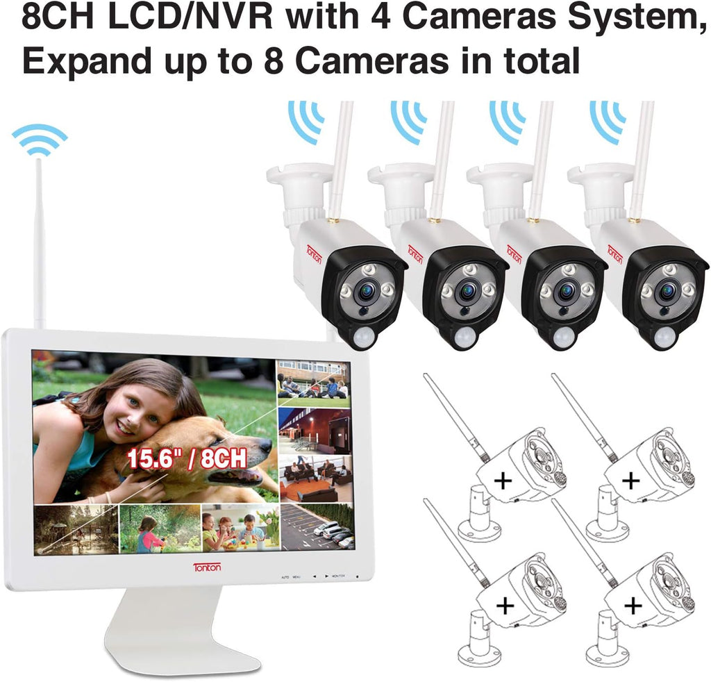 Wireless All-in-One Ultra HD Security Camera System with 16 Inch Monitor, 8CH NVR with 1TB HDD, 4PCS 3MP Outdoor Bullet IP Cameras V290