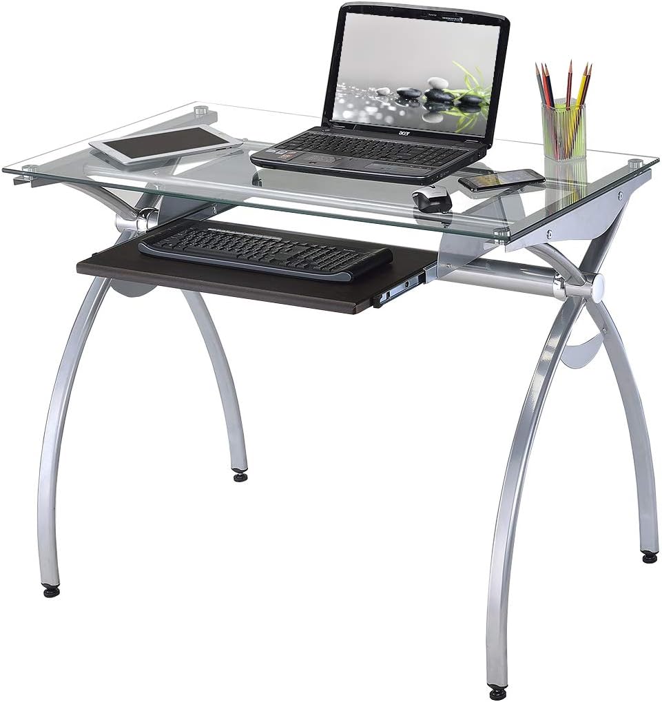 Clear Glass Top Computer Desk with Pull Out Keyboard Panel H598245