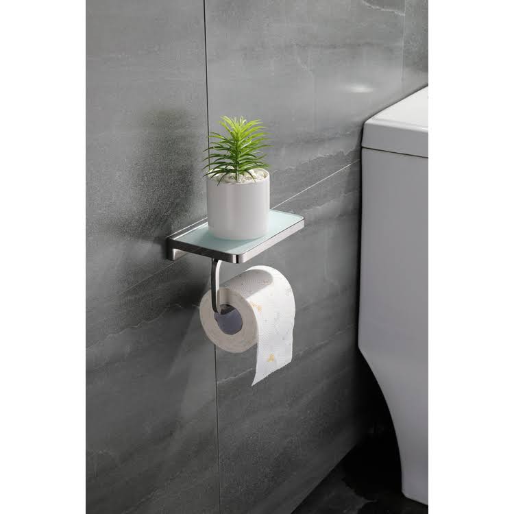 Gun Metal Stainless Steel White Glass Shelf with Toilet Paper Holder J3715
