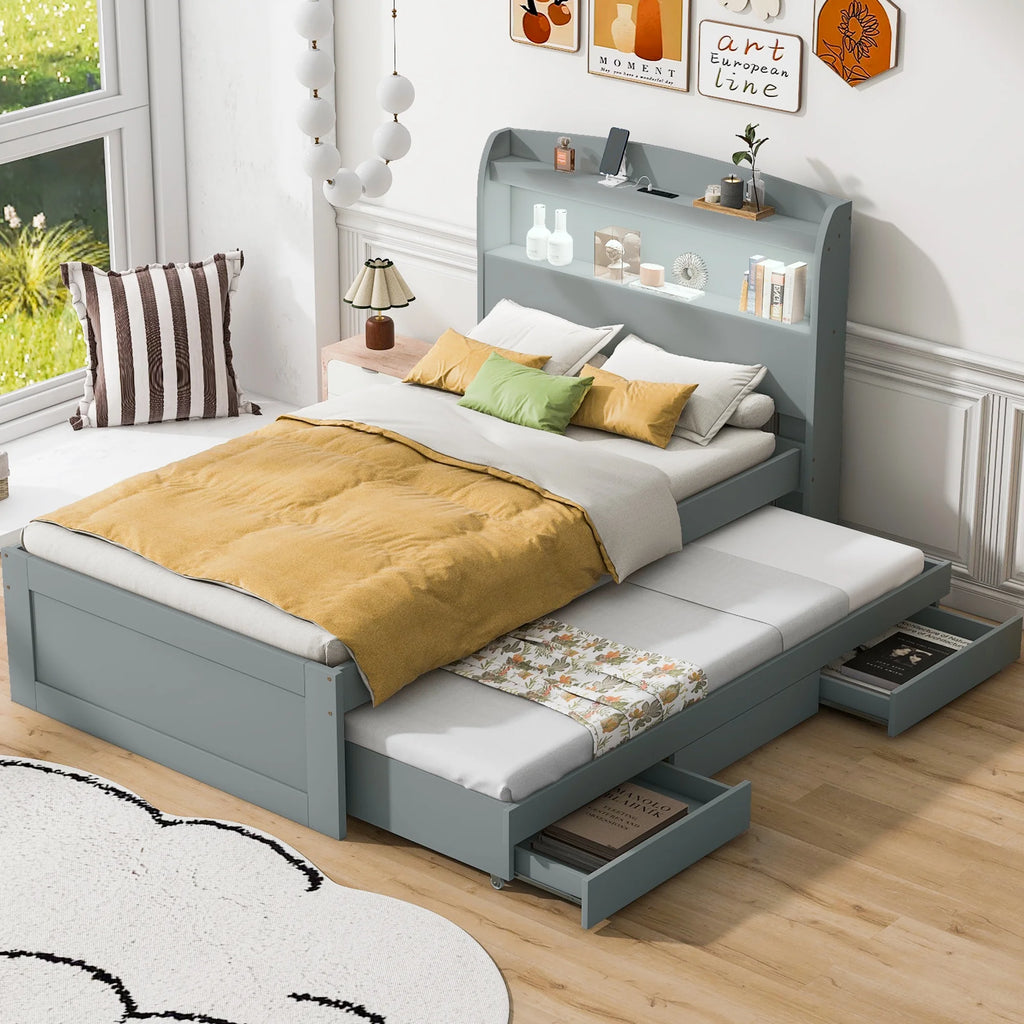 Gray Wood Twin XL Platform Bed with Storage and Drawers V875882