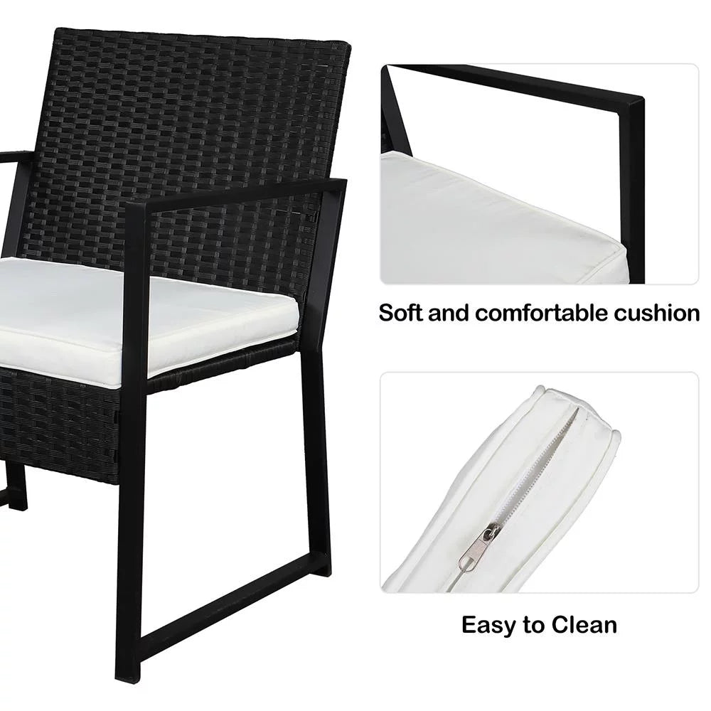 Black 3-Piece Faux Wicker Rattan Chair Conversation Set with Cushion C17544