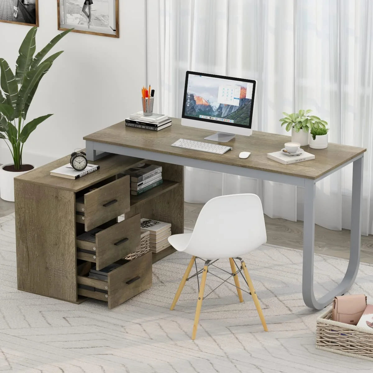 55.1" L-Shaped Office Desk with File Cabinet and 3 Drawers W535027