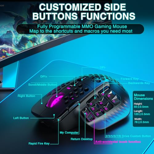 Black Wireless MMO Gaming Mouse with 9 Side Buttons, 24000 DPI, Triple Connectivity, RGB S543