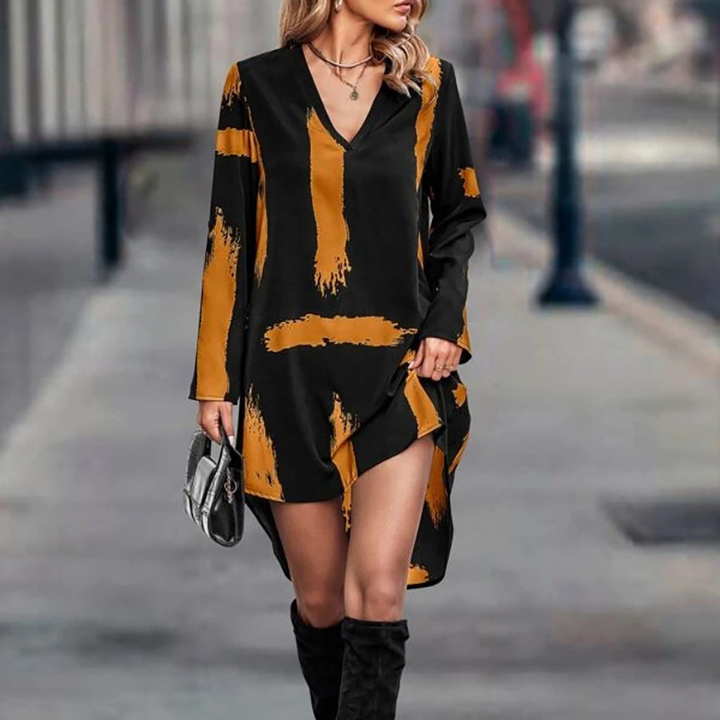 Printed V Neck Casual Knee Length Dress Z497
