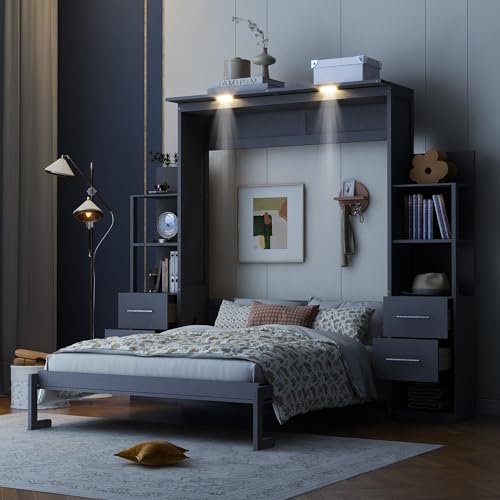 Gray Queen Murphy Bed with Storage Shelves, Drawers and LED Light, Wood Foldable Wall Bed Frame U356