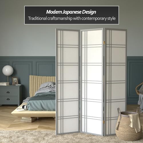 6 ft. Tall 3 Panels Grey Shoji Screen Room Divider E296