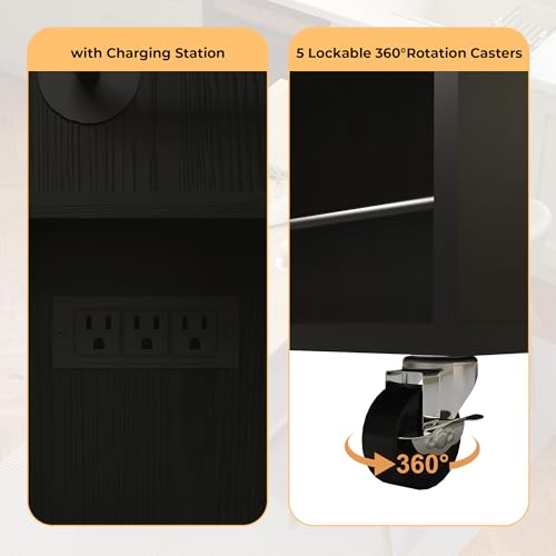 Rolling Kitchen Island Cart with Power Outlet & Drop Leaf, 3 Drawers, Black X876