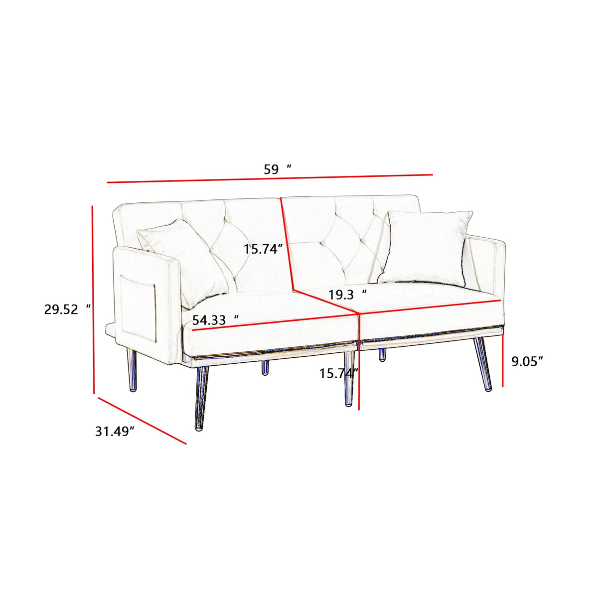 Modern Velvet Tufted Sofa Bed with Metal Legs 2 Pillows U971423