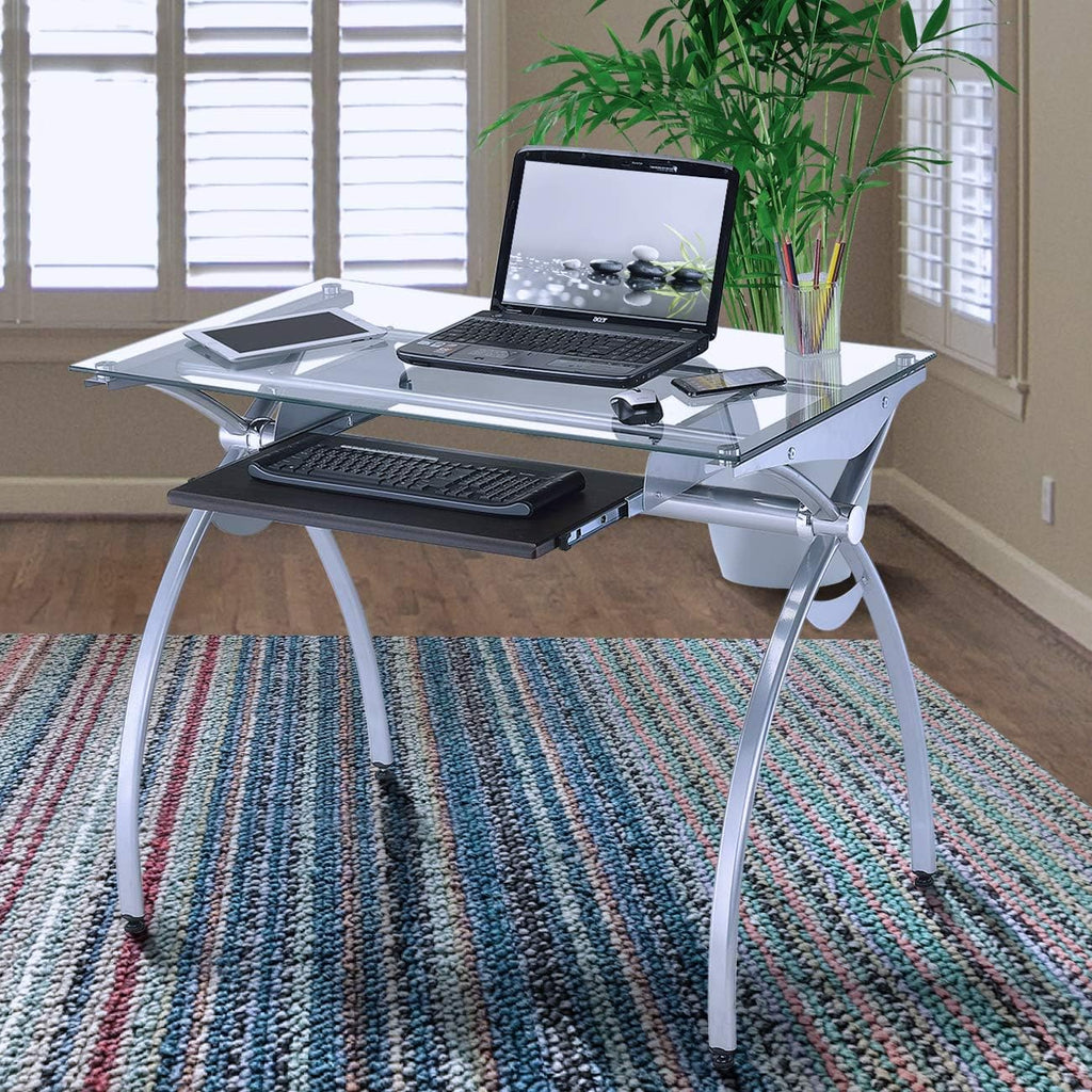 Clear Glass Top Computer Desk with Pull Out Keyboard Panel H598245