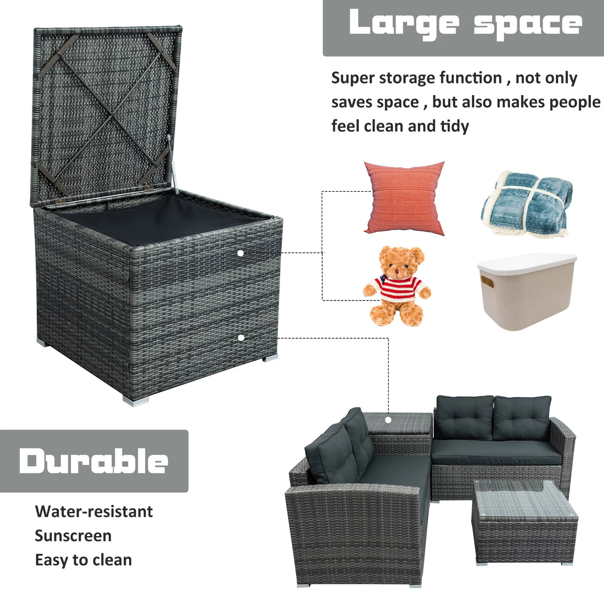 4Pcs All-Weather Rattan Wicker Patio Furniture Set with Storage Box & Table G599