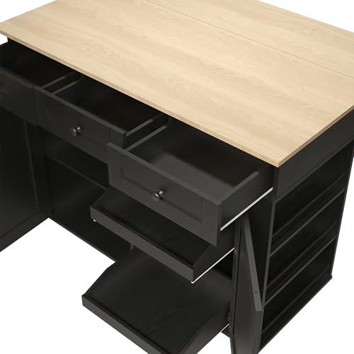 Rolling Kitchen Island Cart with Power Outlet & Drop Leaf, 3 Drawers, Black X876