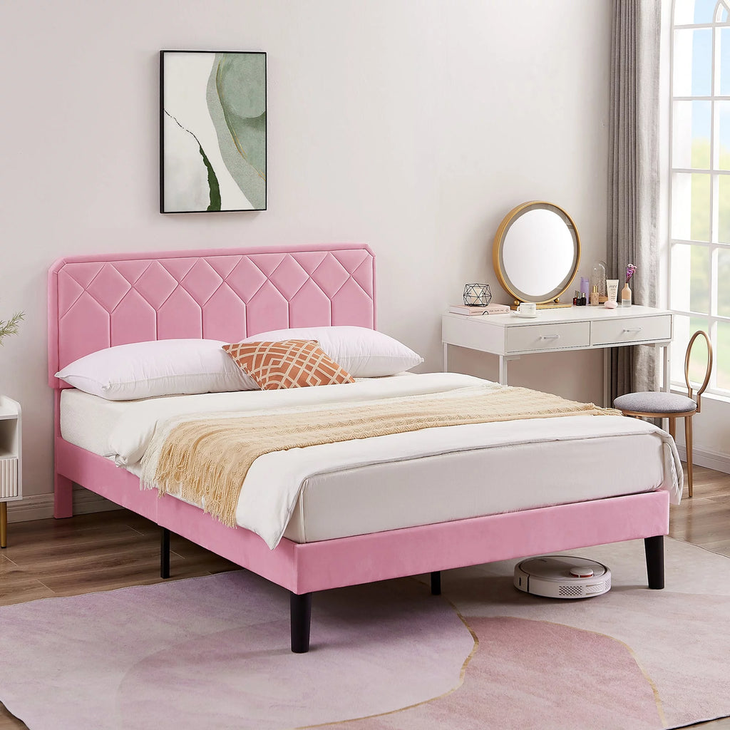 Twin Size Upholstered Platform Bed Frame with Adjustable Headboard Q7477