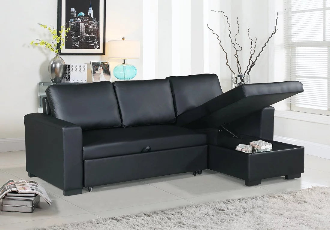 Black Faux Leather Convertible Sectional Sofa with Pull Out Bed G945120