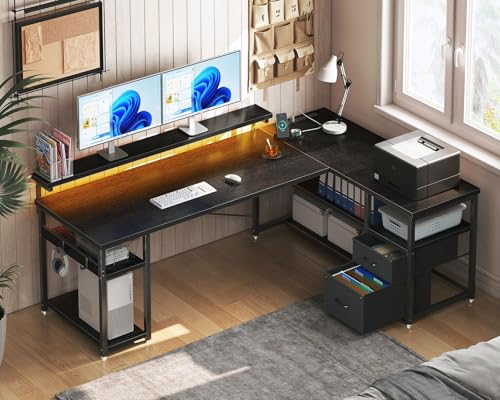 Grey L Shaped Gaming Desk with File Drawers, Power Outlets, LED Lights, Monitor Stand E66793