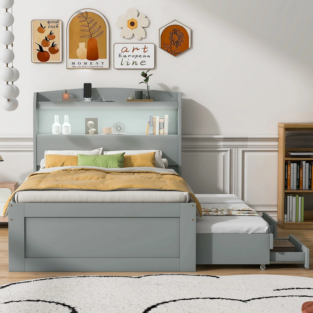 Gray Wood Twin XL Platform Bed with Storage and Drawers V875882