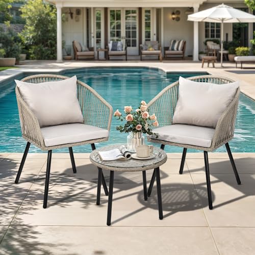 Rattan 3-Piece Bistro Set with Tempered Glass Coffee Table D8139