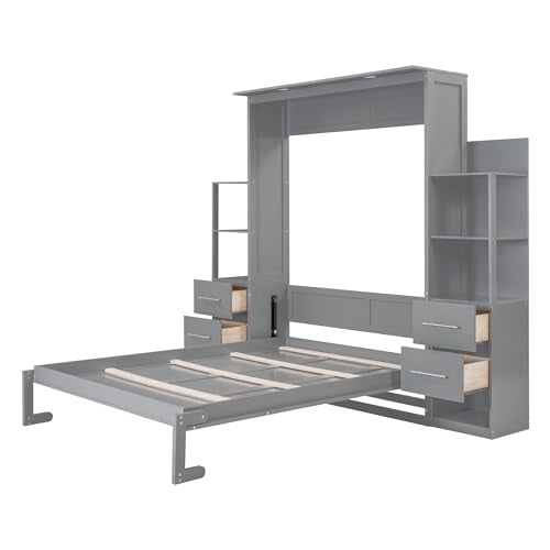 Gray Queen Murphy Bed with Storage Shelves, Drawers and LED Light, Wood Foldable Wall Bed Frame U356