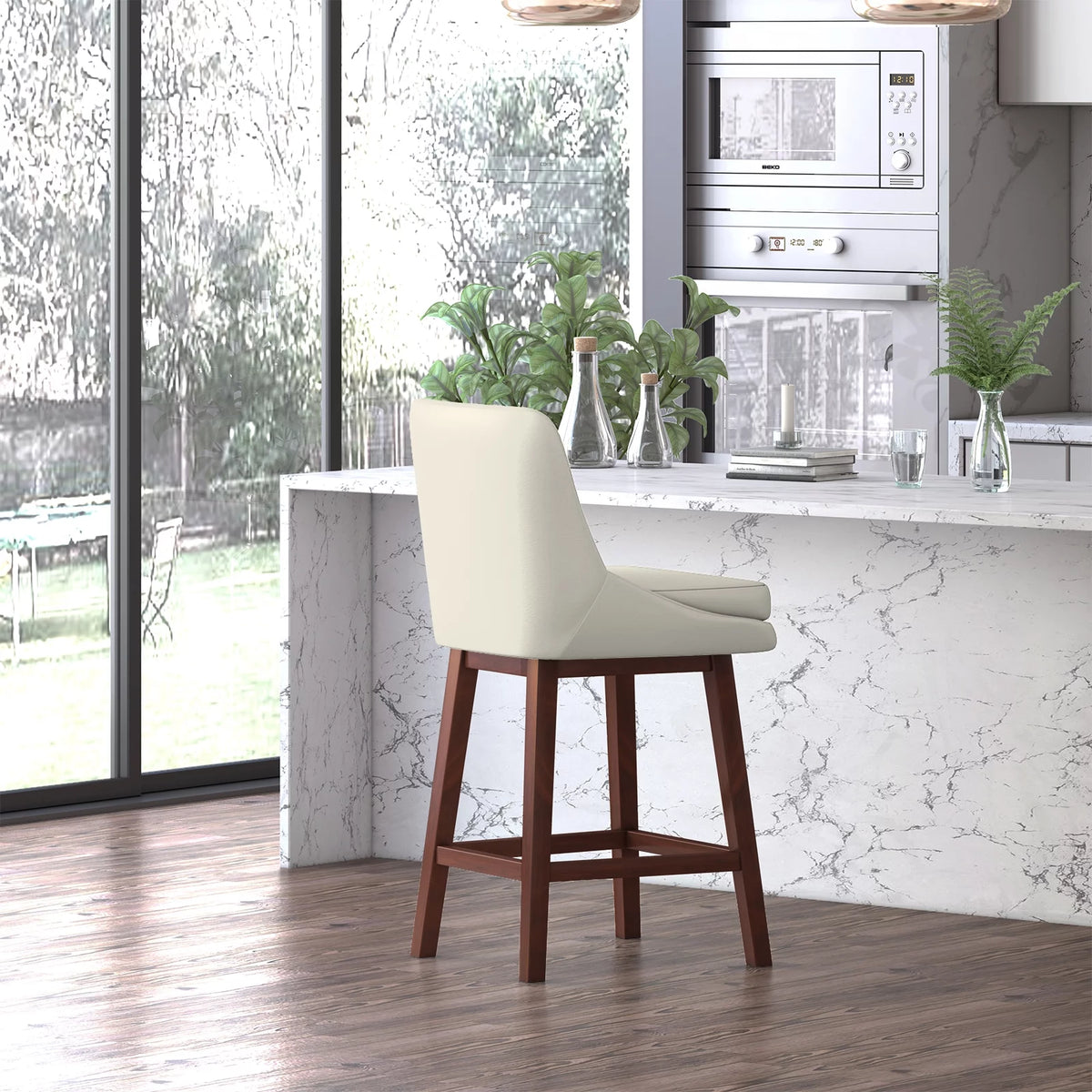 26" Swivel Solid Wood Faux Leather Bar Stools Set of 4 O60616