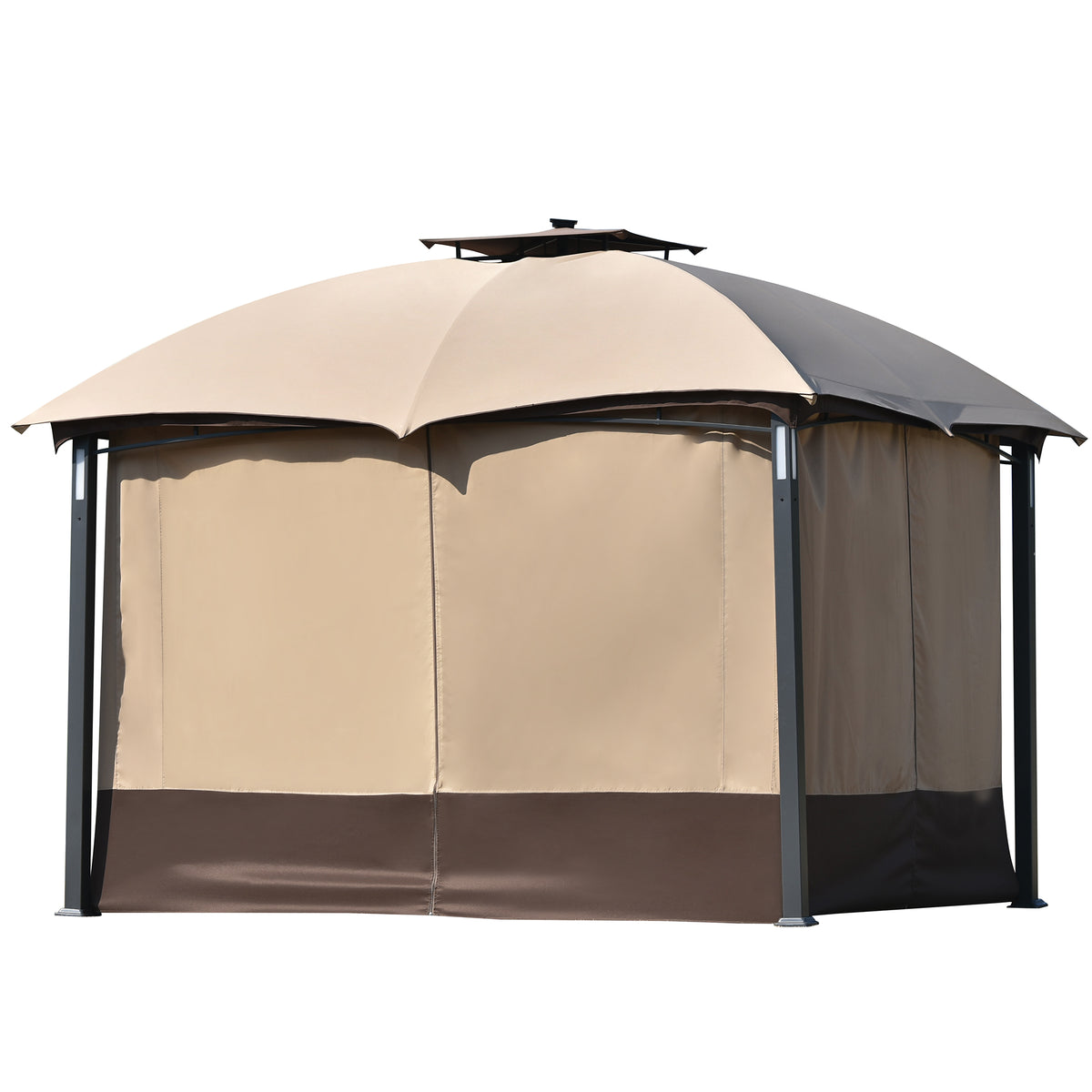 10ft W*12ft L Outdoor Double Vents Gazebo Patio Metal Canopy with Screen and LED Lights, Brown Q6182
