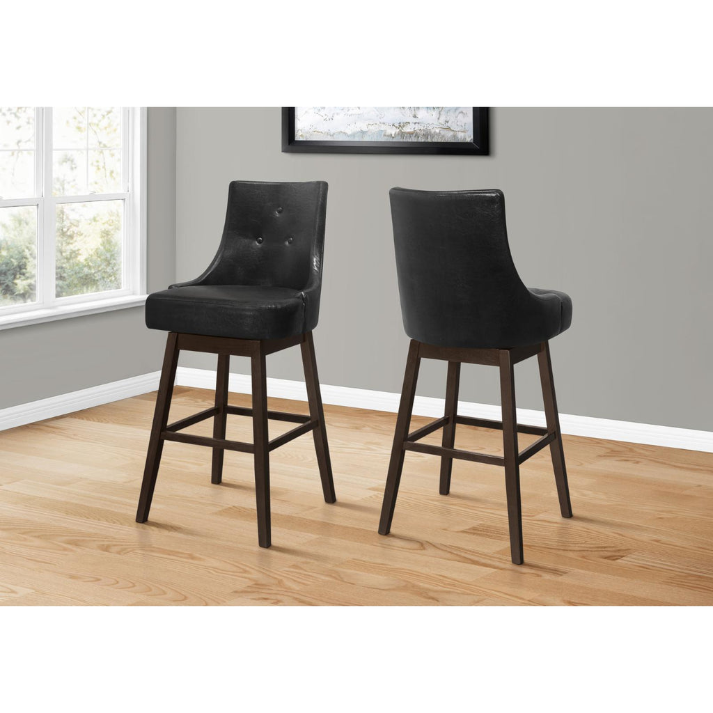 Bar Stool, Set Of 2, Swivel, Bar Height, Brown Wood, Black PU, 45.5" H Y759775