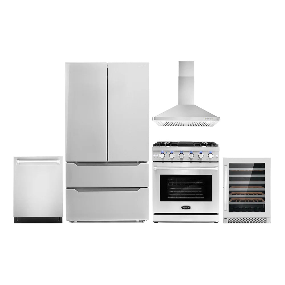 30 Gas Range, Wall Mount Range Hood, Dishwasher, Refrigerator with Ice Maker and Wine Cooler A530529