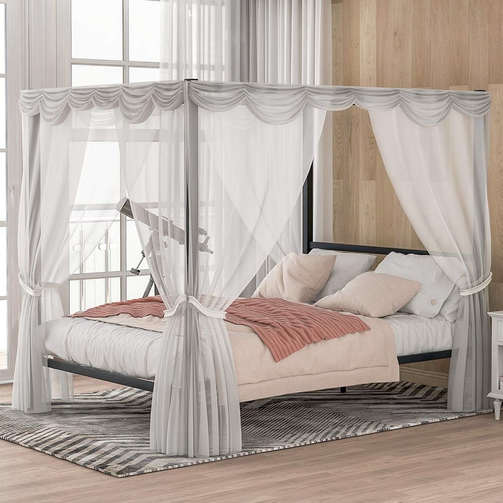 Silver Queen Metal Canopy Bed Frame with Headboard J817