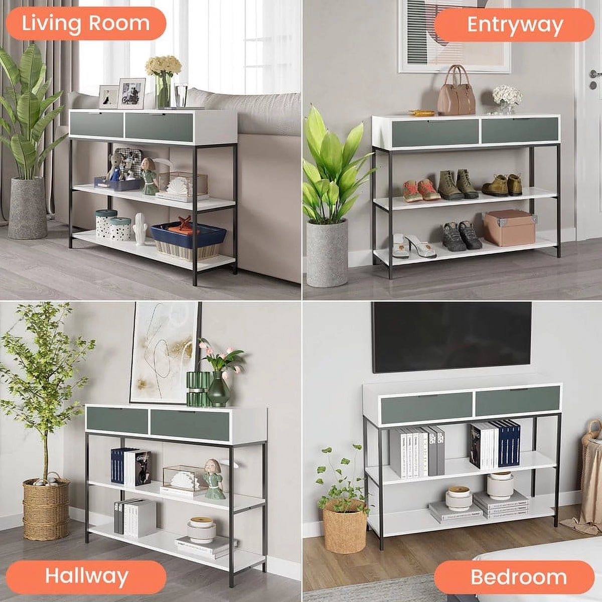 White and Light Green Wood Console Table with Shelves and Drawers H86421